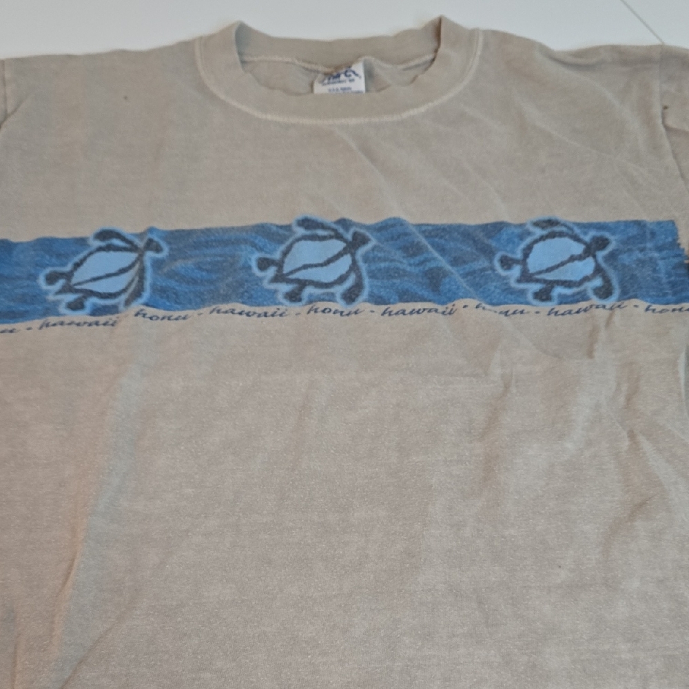 Casual Beige Tee with Blue Turtle Pattern